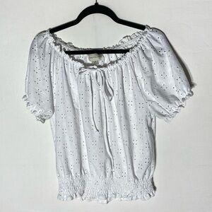 Urbanology White Eyelet Off Shoulder Cropped Smocked Waist Blouse L